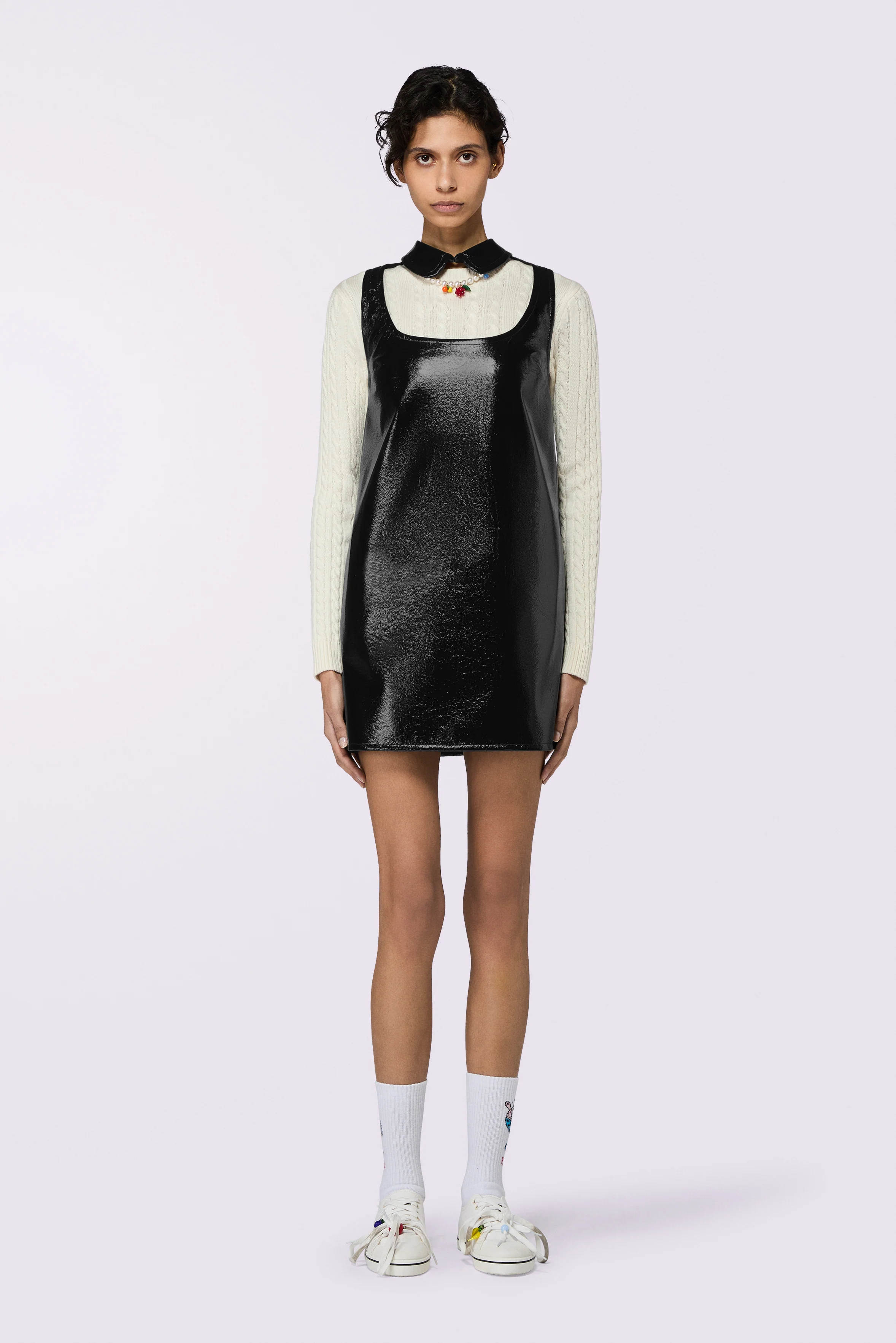 Collar Cutout Vinyl Mini Dress Black - Image 2