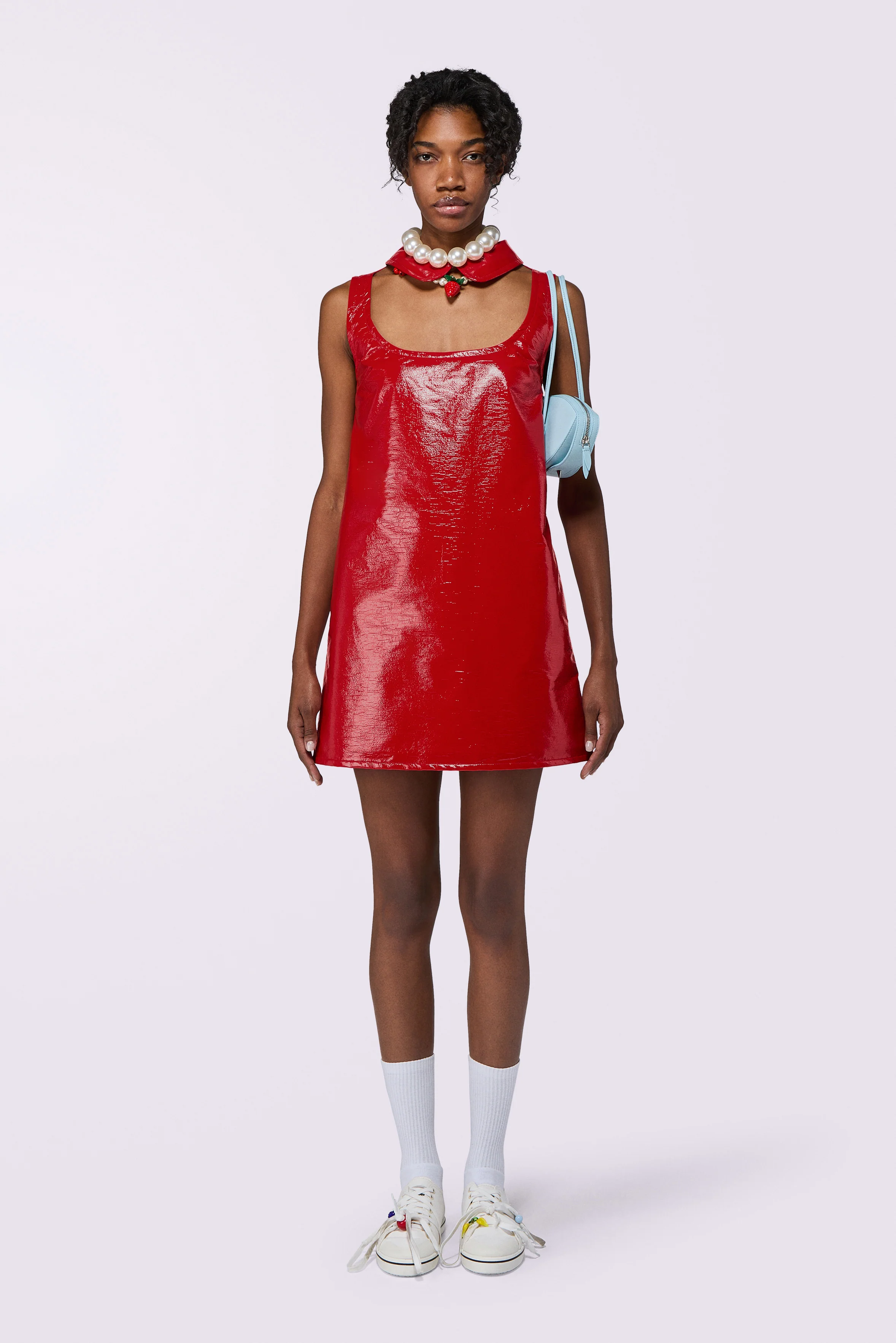 Collar Cutout Vinyl Mini Dress Red - Image 2