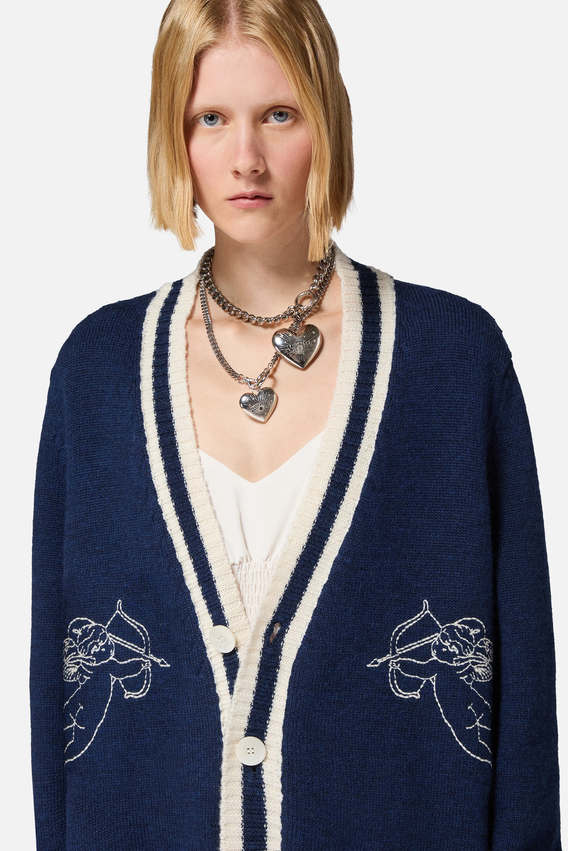 Double Angels Embroidered Wool Cardigan Navy - Image 4