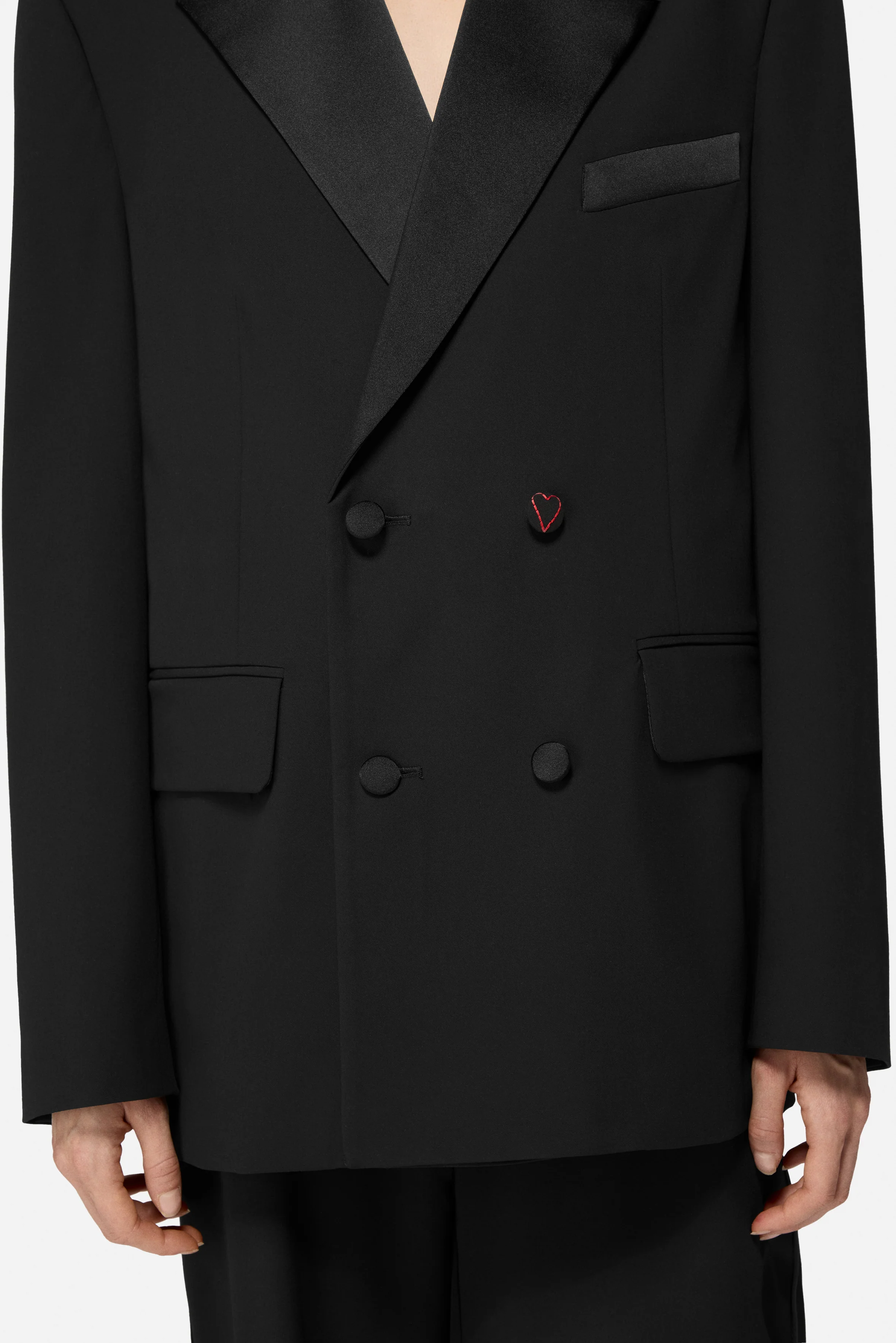 Heart Button Satin Trims Blazer Black - Image 3