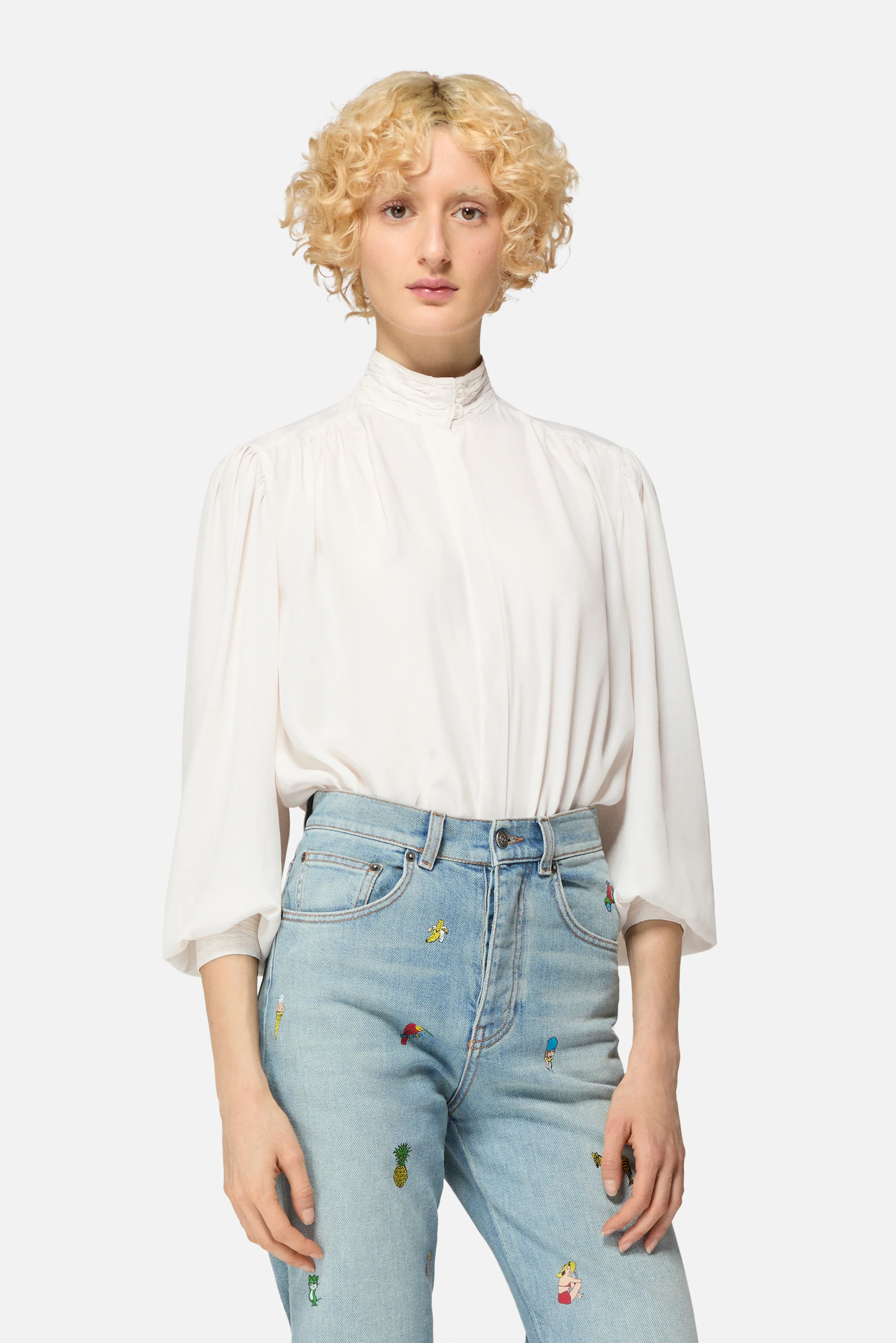 High Collar Long Blouse White - Image 3