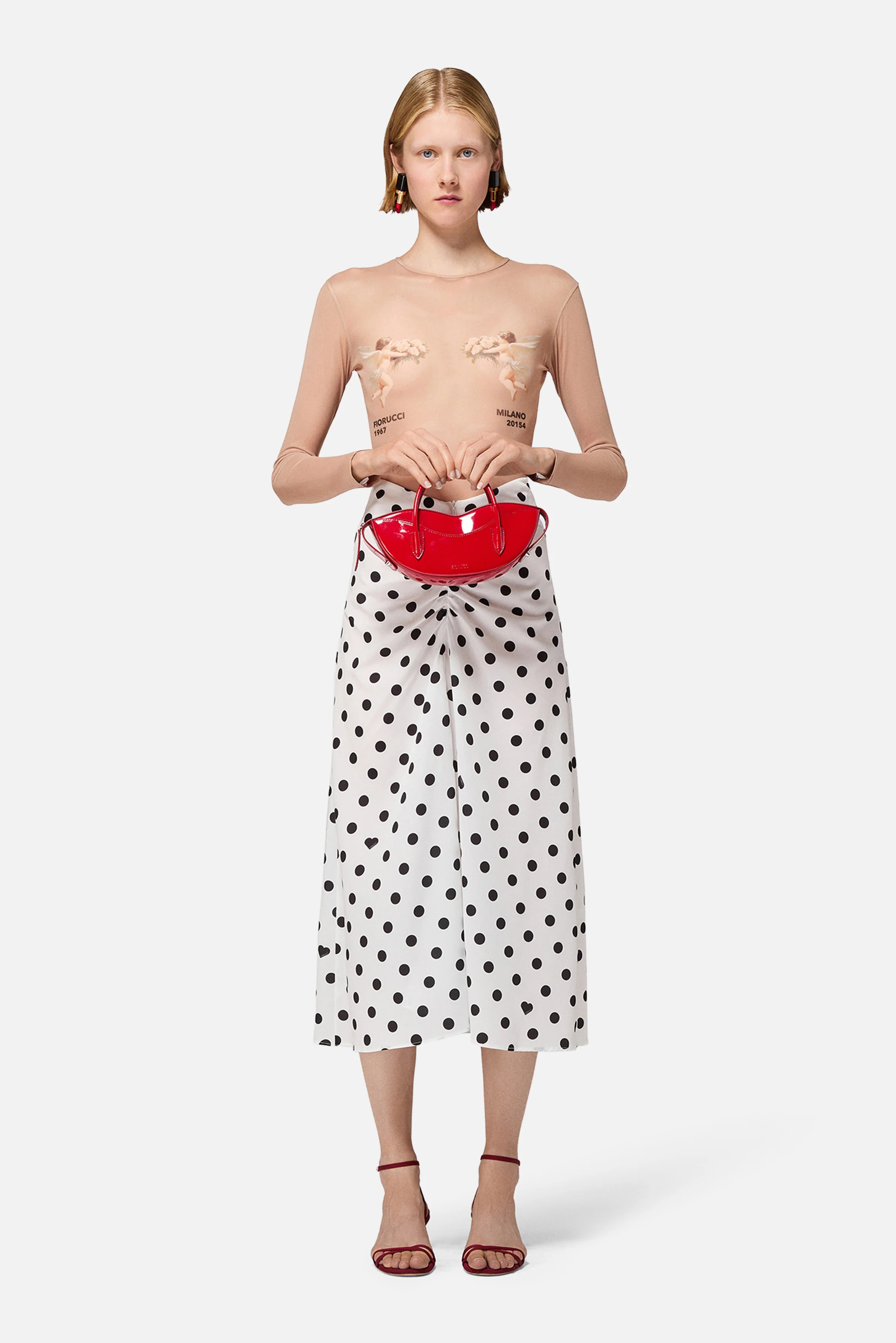 Polka Dot Gathered Midi Skirt White - Image 3