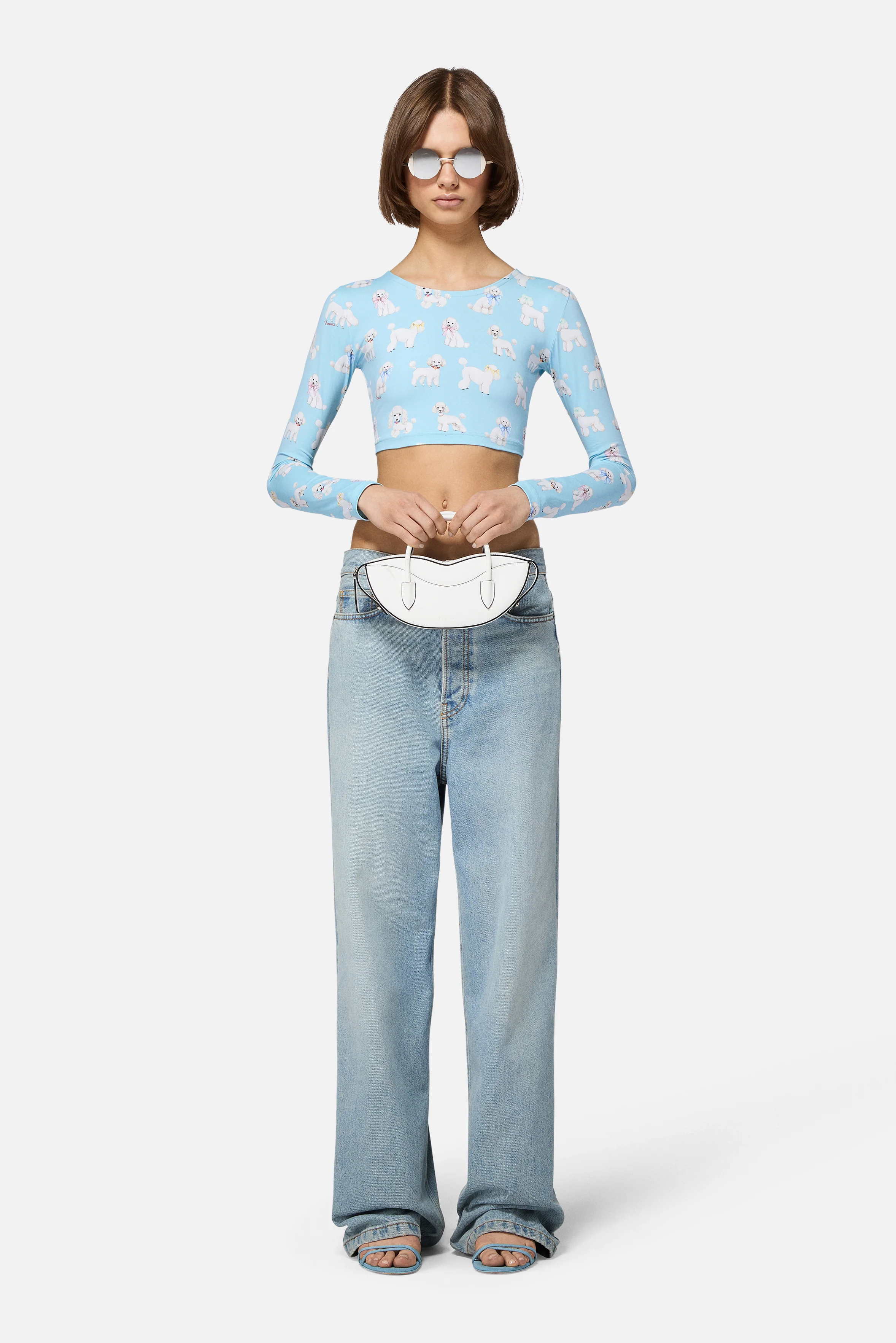 Poodle Print Long Sleeve Crop Top Light Blue - Image 3