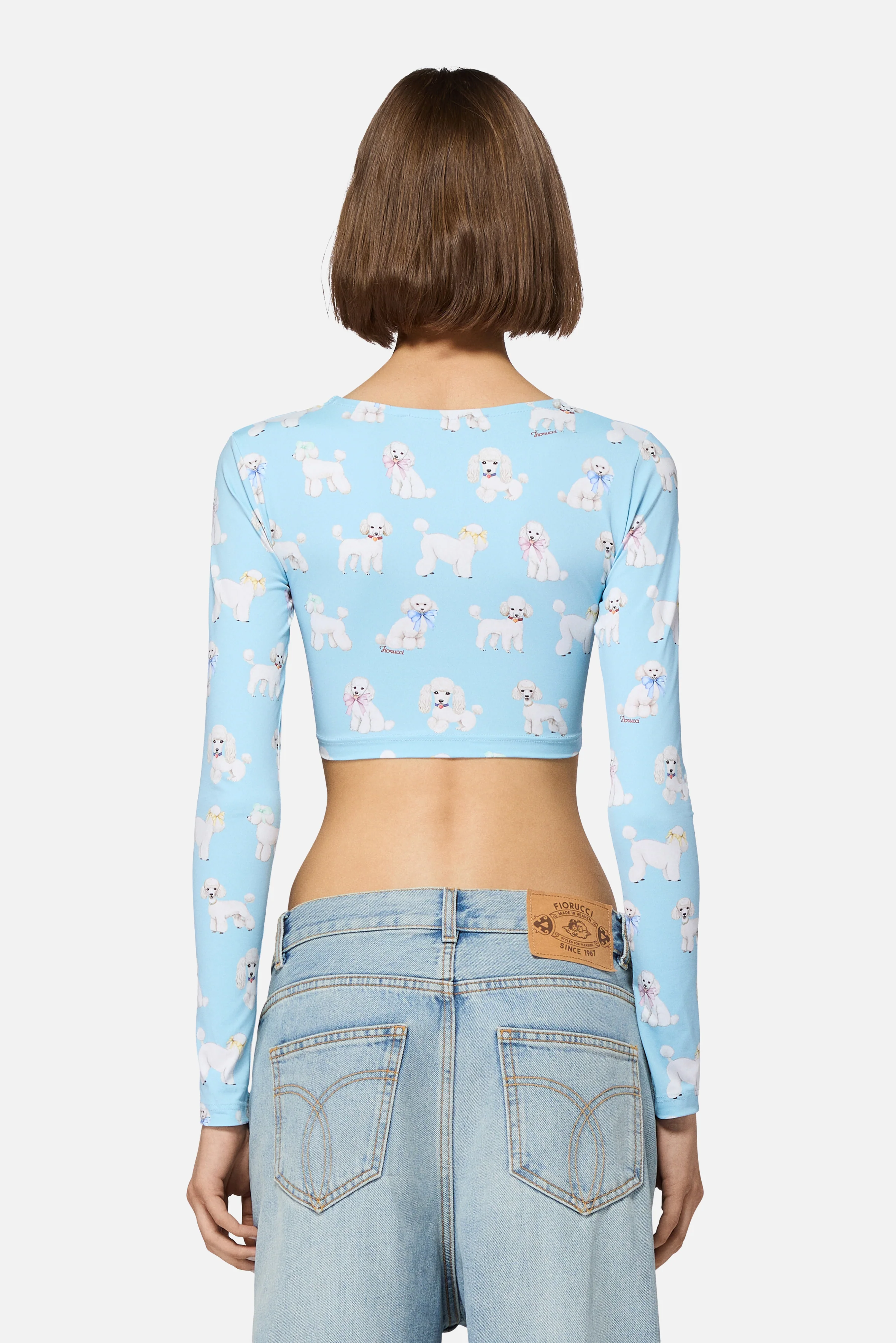 Poodle Print Long Sleeve Crop Top Light Blue - Image 4
