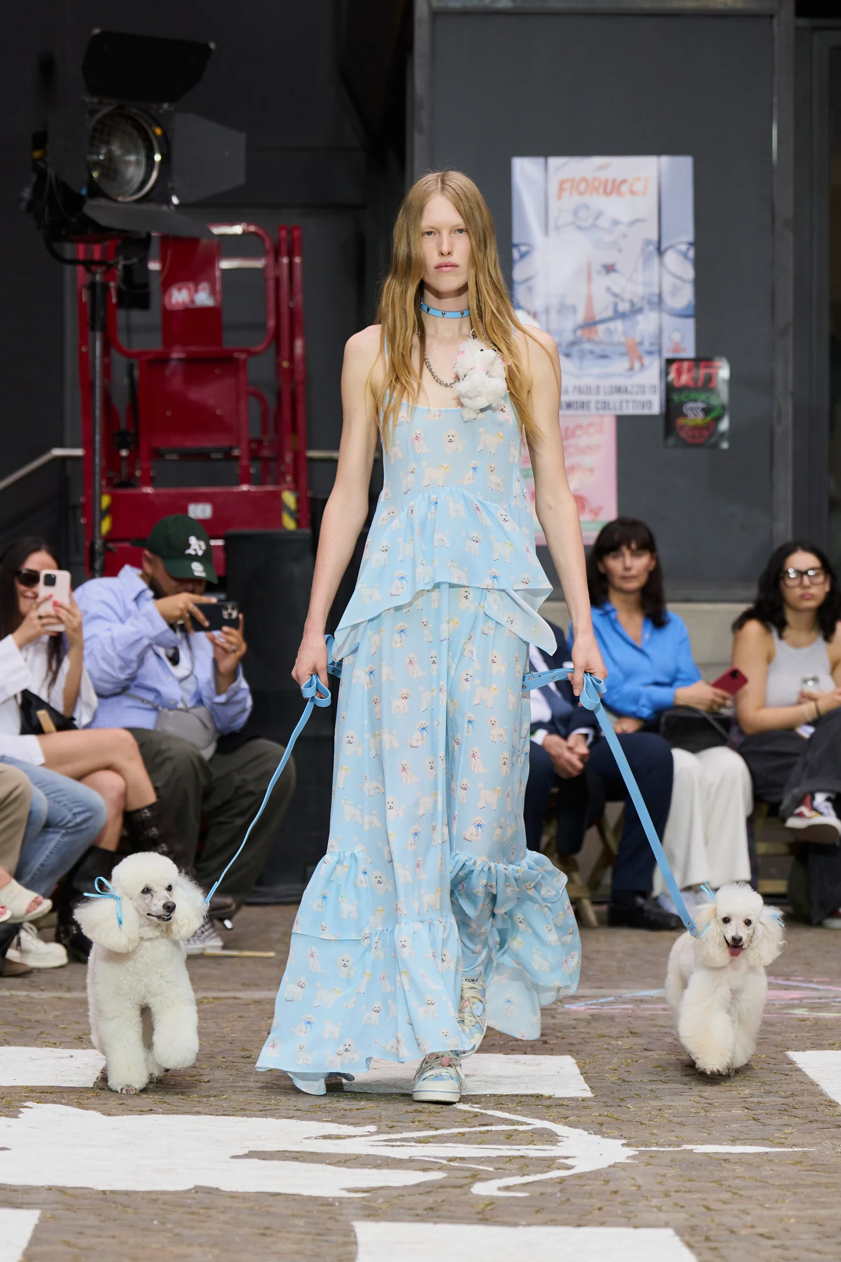 Poodle Print Maxi Dress with Ruffles Light Blue - Image 2