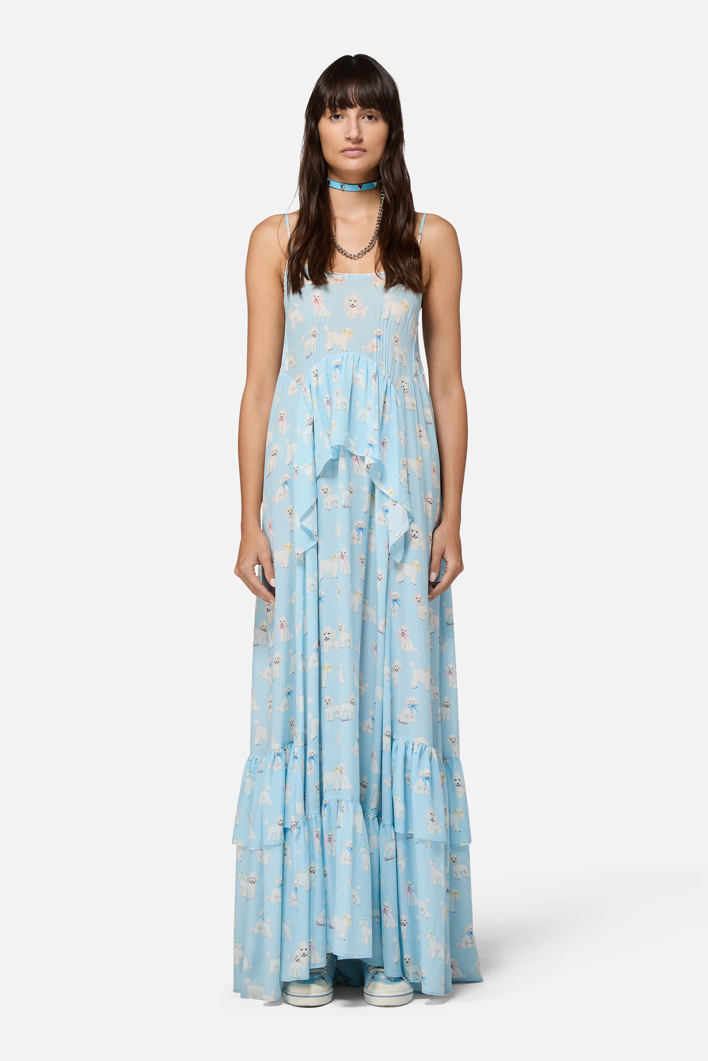 Poodle Print Maxi Dress with Ruffles Light Blue - Image 3