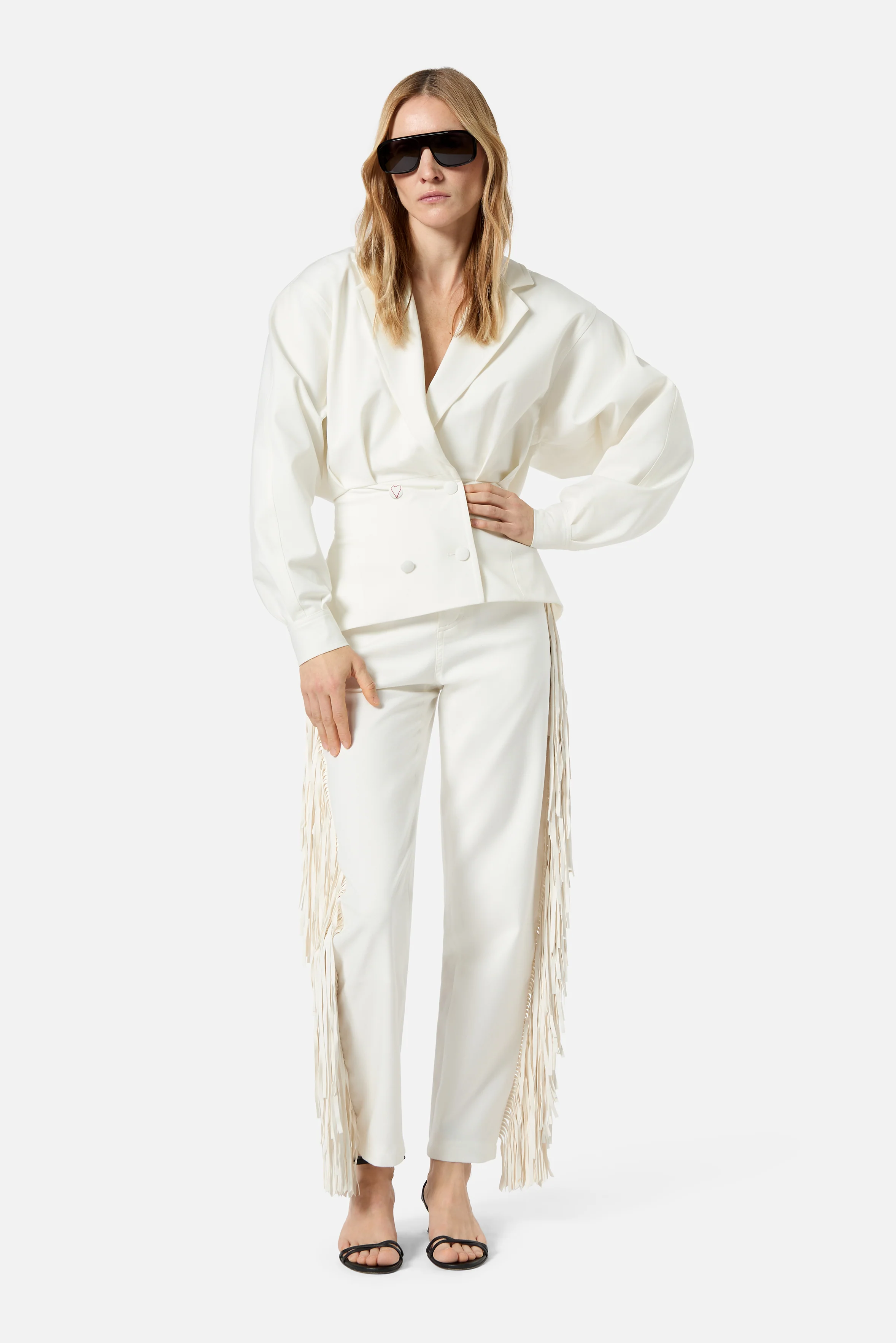 Puff Sleeve Cropped Blazer White - Image 4