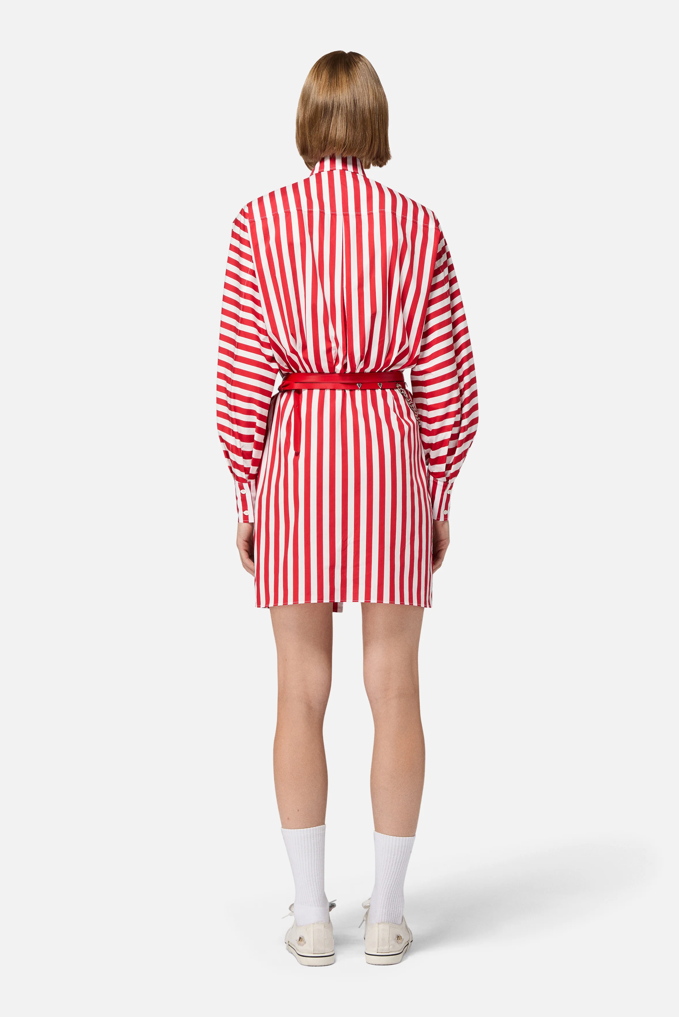 Striped Popcorn Print Mini Shirt Dress Red - Image 3
