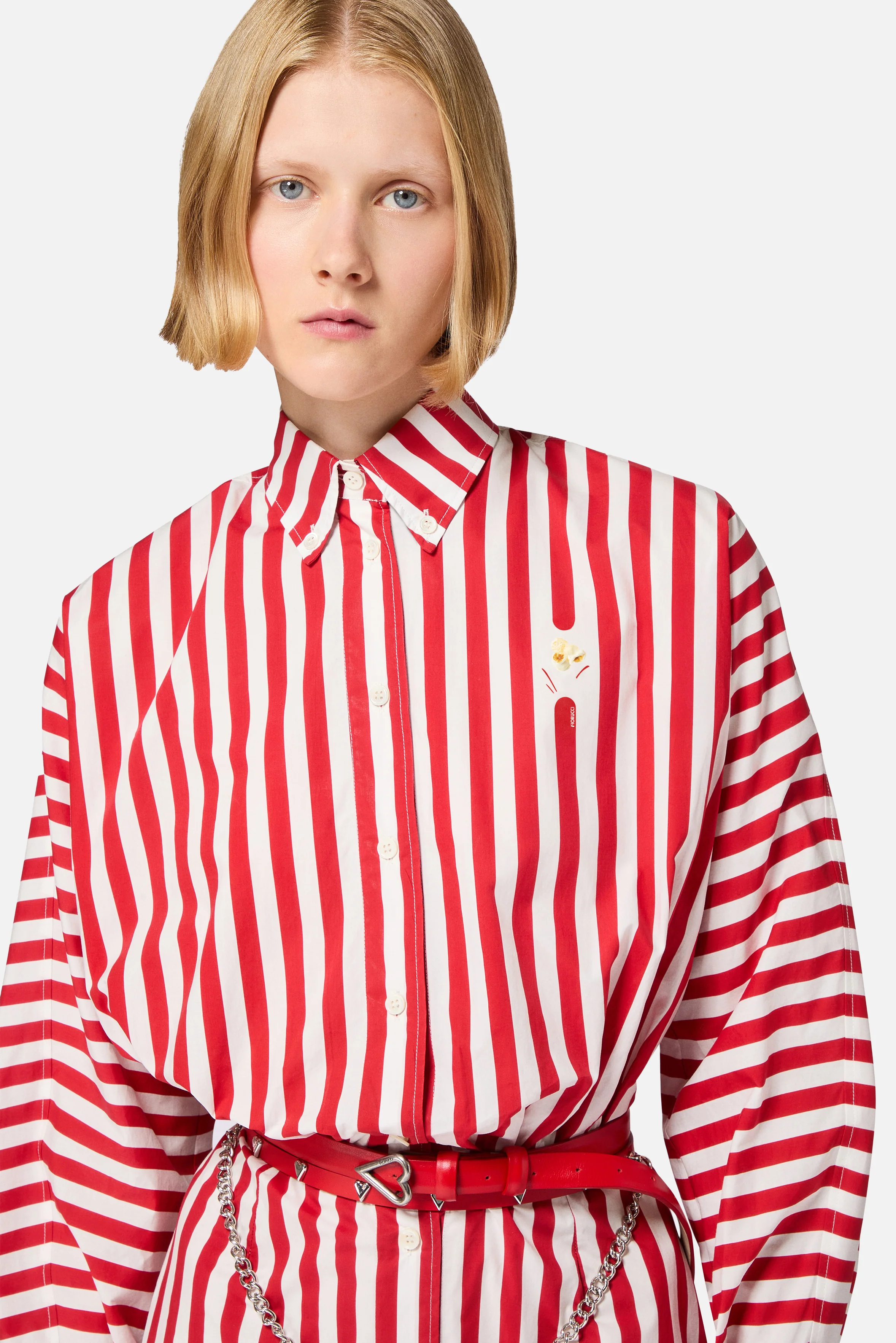 Striped Popcorn Print Mini Shirt Dress Red - Image 4