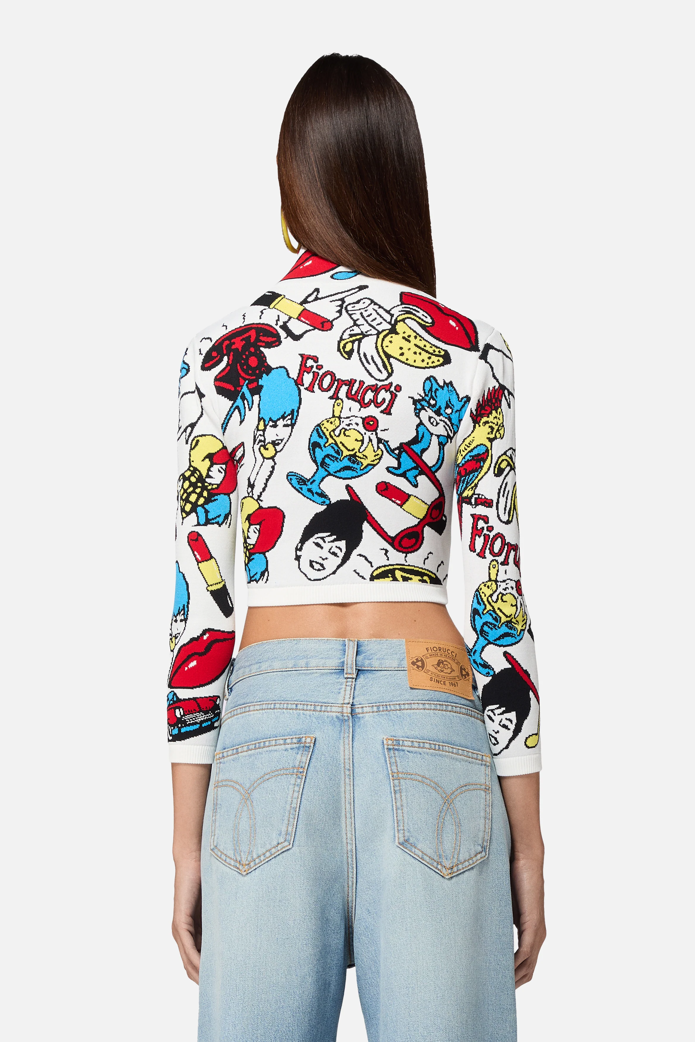 Toys Print Knit Zipped Crop Top White - Image 3