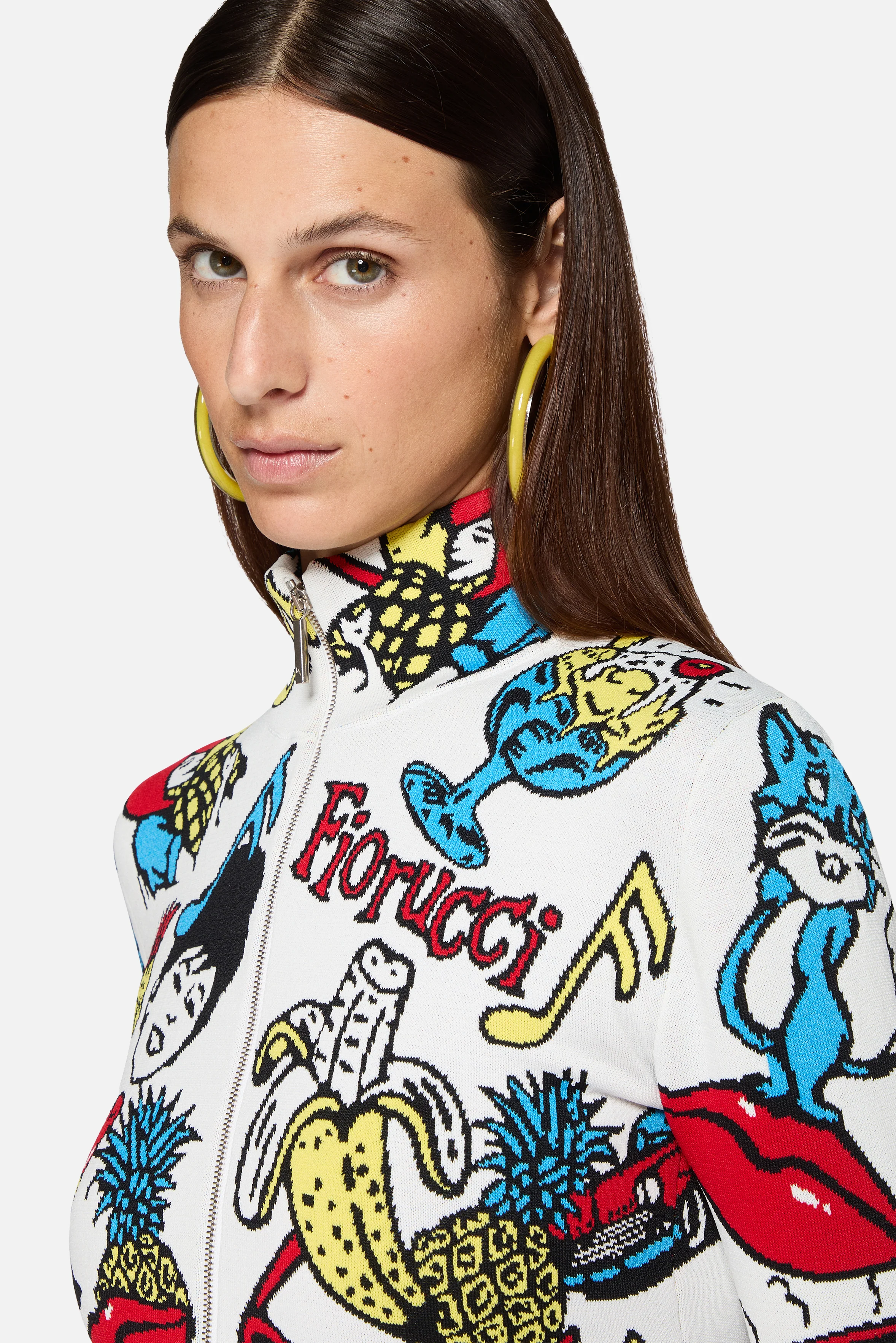 Toys Print Knit Zipped Crop Top White - Image 4