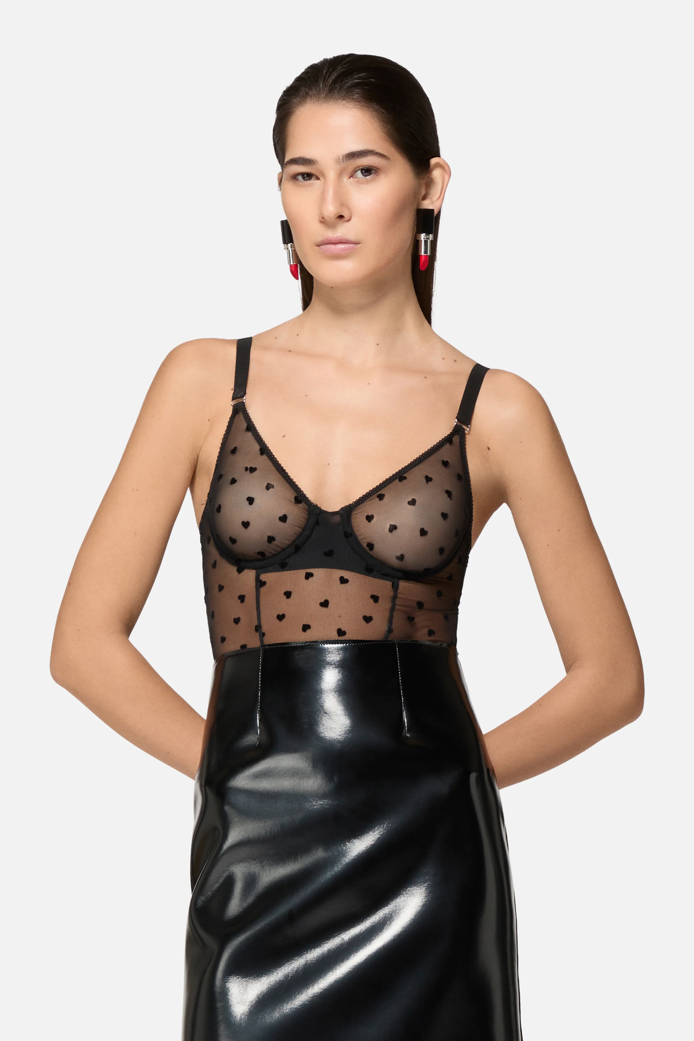 Tulle Bodysuit with Flocked Hearts Black - Image 4