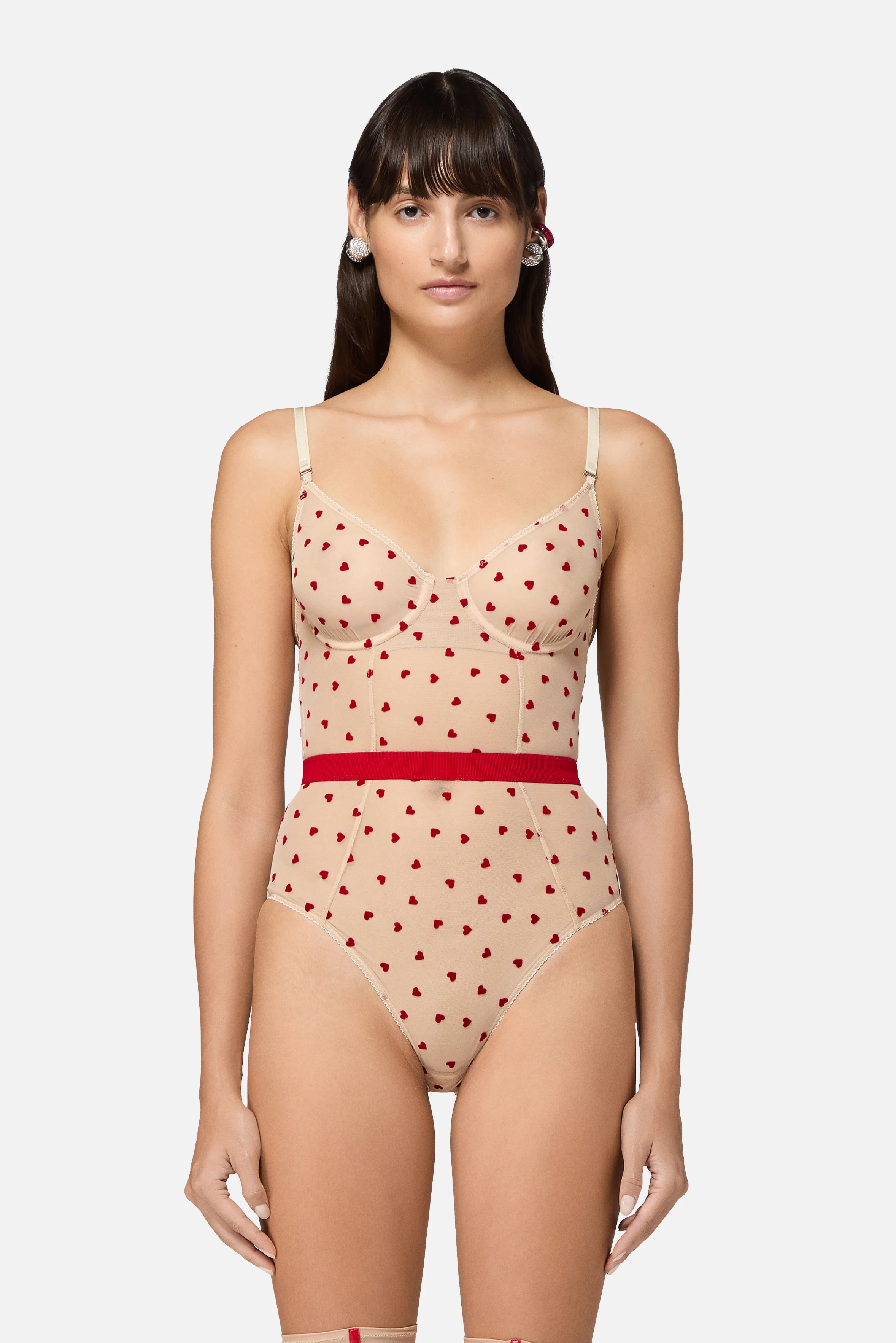 Tulle Bodysuit with Flocked Hearts Nude - Image 3